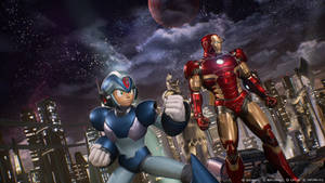 兩位裝甲英雄 Mega Man 和 Iron Man 在夜晚發光的城市上空以英雄姿態擺姿勢。 — 鐵甲奇俠標誌 壁紙