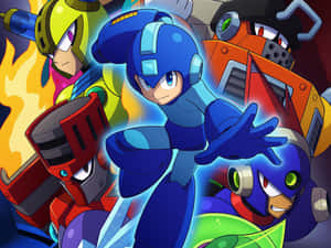Mega Man 和他的機器人盟友在色彩繽紛的動畫動作場景中。 — 洛克人 壁紙