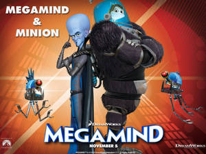 Megamind 和 Minion 與機械助手在色彩繽紛的電影海報上。