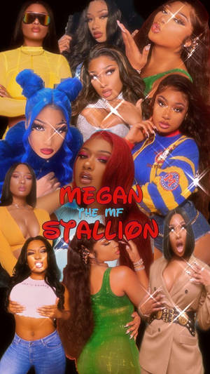 Megan Thee Stallion 穿著色彩繽紛的服裝，自信地擺出帶有閃光效果的姿勢。