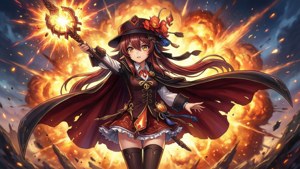 動漫女孩法師穿著紅色斗篷，在火熱爆炸和烏雲中揮舞發光法杖