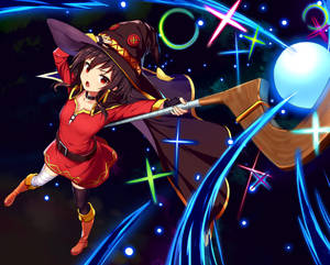 動漫女巫在宇宙夜空中施展發光的魔法。
