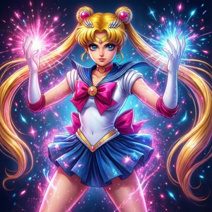 美少女戰士穿著標誌性服裝，在繁星點點的宇宙場景中引導魔法能量。