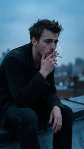 一個穿著深色衣服的男人在屋頂上抽煙，背景是城市天際線。