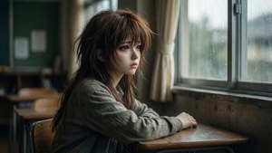 一個年輕女子獨自坐在教室的木桌旁，看著雨痕斑斑的窗戶。