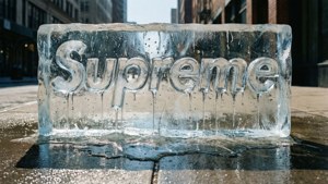 一個正在融化的冰塊，上面刻有Supreme字樣，放在人行道上。