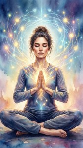 一位女性在宇宙環境中冥想，頭部周圍有發光能量