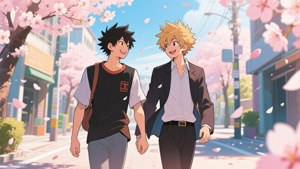 兩個微笑的動漫男孩在城市的街道上，在飄落的櫻花下手拖手。