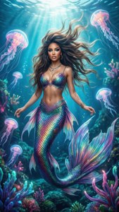 一位擁有彩虹色鱗片的美人魚在陽光下游過發光的水母和珊瑚礁。
