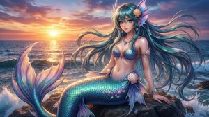 一條擁有長長青色頭髮和閃亮尾巴的美人魚在日落時坐在海洋岩石上。
