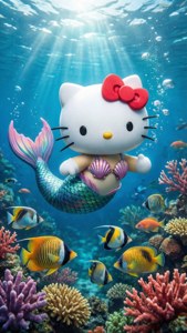 Hello Kitty 美人魚彩虹尾巴在水中珊瑚和熱帶魚之間游泳