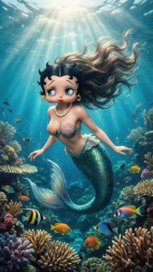 卡通美人魚大眼睛在陽光海洋中於珊瑚和熱帶魚之間游泳