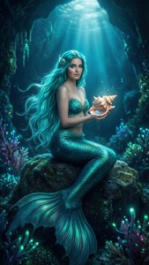 一條擁有青綠色頭髮和尾巴的美人魚在珊瑚和陽光附近的水下拿著發光的貝殼。