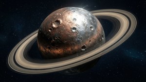 深空中一個佈滿隕石坑的金屬行星，帶有發光環