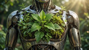 機械人胸膛在森林中充滿了茂盛的綠色植物，日落時分。