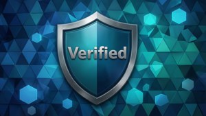 一個數碼盾牌，在藍色幾何背景上有「Verified」文字。