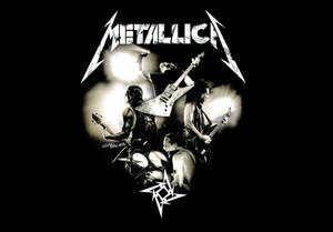Metallica 樂隊在舞台上表演，帶有標誌和星星符號