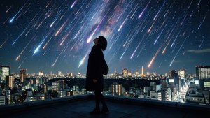 夜晚，屋頂上的人觀看彩色流星雨掠過燈火通明的城市上空