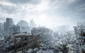 雪覆蓋了灰色天空下被摧毀城市的瓦礫。