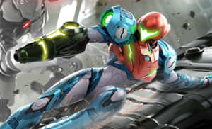 Samus Aran 身穿動力裝甲在科幻戰鬥場景中發射武器。