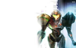 Samus Aran 穿著她的動力服，帶有發光的護目鏡和裝甲。