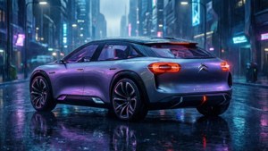 夜晚霓虹燈下濕漉漉的城市街道上的銀色電動SUV