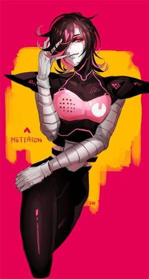 動漫角色 Mettaton 穿著未來風格服裝，在粉紅色和黃色背景前。