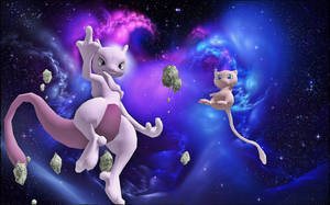 超夢夢和夢幻在色彩繽紛的星際銀河中漂浮，伴有浮石。