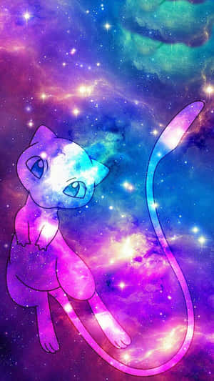 超夢夢在色彩繽紛的星空星系中漂浮，伴有發光的星雲雲彩。