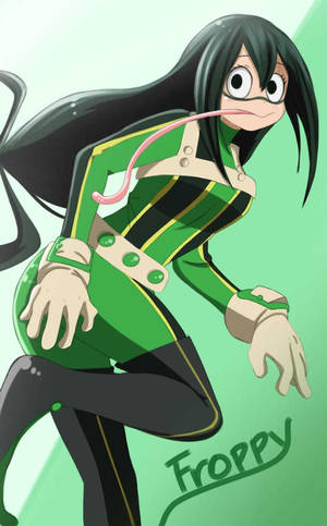 動漫角色 Froppy 穿著綠色和黑色套裝擺姿勢。
