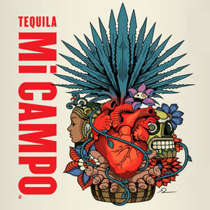 Tequila Mi Campo 標誌，以鮮豔色彩呈現心臟、龍舌蘭和頭骨。