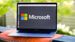銀色手提電腦在屏幕上顯示Microsoft標誌，放在橙色布上戶外。