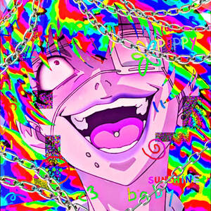 在彩虹故障背景上，一個帶著燦爛笑容和鎖鏈的動漫角色。