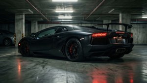 啞光黑色的林寶堅尼Aventador SVJ，帶有紅色尾燈，停在混凝土車庫中。