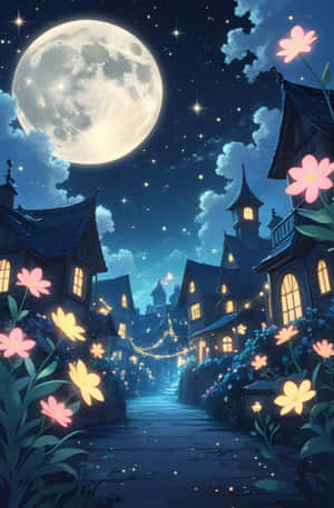 夜晚的魔法村莊街道，有發光的花朵和頭頂的滿月。