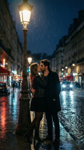 一對情侶在巴黎雨夜的路燈下接吻。