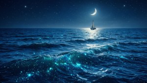 帆船在彎月和星星下在發光的藍色海洋上航行
