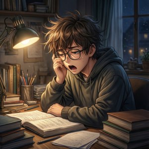 穿連帽衫的動漫男孩在夜間於溫暖燈光下在雜亂的書桌上學習時打呵欠