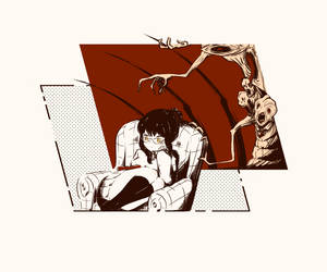 一個害怕的動漫女孩坐在椅子上，面對一個伸手的怪物，恐怖場景。 — 角落生物 壁紙