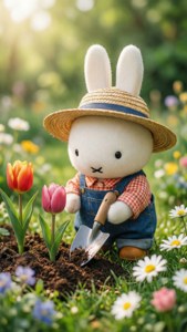 毛絨兔園丁在陽光明媚的花園裡種植鬱金香