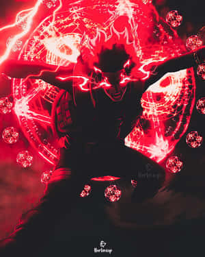 動漫角色釋放紅色魔法能量，伴隨著漂浮的幾何球體和發光符號。