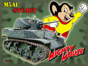 Mighty Mouse 卡通角色在帶有迷彩的軍用坦克旁。 — 米奇 壁紙