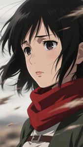 深色頭髮、戴紅色圍巾的動漫女孩，風吹動她的頭髮，向前凝視