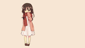 動漫女孩穿著粉紅色外套和紅色圍巾捂住嘴巴。