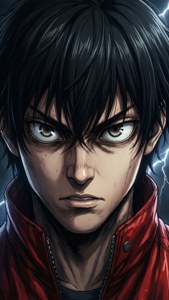 來自《東京卍復仇者》的Mikey的強烈近距離特寫，配以戲劇性燈光效果。