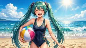 動漫女孩扎著青色雙馬尾在陽光明媚的沙灘上拿著沙灘球