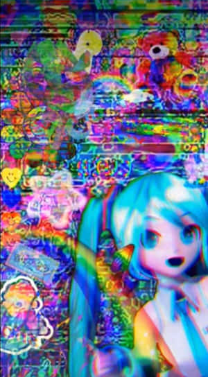 藍色頭髮的動漫女孩在一個由玩具和符號組成的故障數位藝術拼貼畫中。 — 故障 壁紙