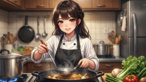 動畫廚師在廚房煤氣爐上攪拌炒鍋中的蔬菜