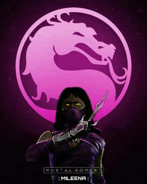Mileena 來自 Mortal Kombat，手持 Sai，眼睛發光，對着紫色龍標誌。 — Apple Watch Ultra 壁紙