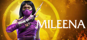 Mileena 來自 Mortal Kombat，手持 sai，身後有火焰龍紋徽章。 — 真人快打11 壁紙